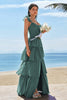 Load image into Gallery viewer, Eucalyptus A-Line Corset Tiered Long Bridesmaid Dress with Ruffle Slit