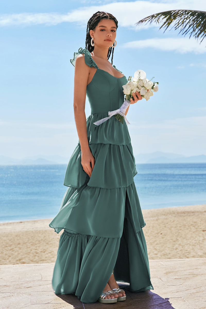 Load image into Gallery viewer, Eucalyptus A-Line Corset Tiered Long Bridesmaid Dress with Ruffle Slit