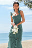 Load image into Gallery viewer, Eucalyptus A-Line Corset Tiered Long Bridesmaid Dress with Ruffle Slit