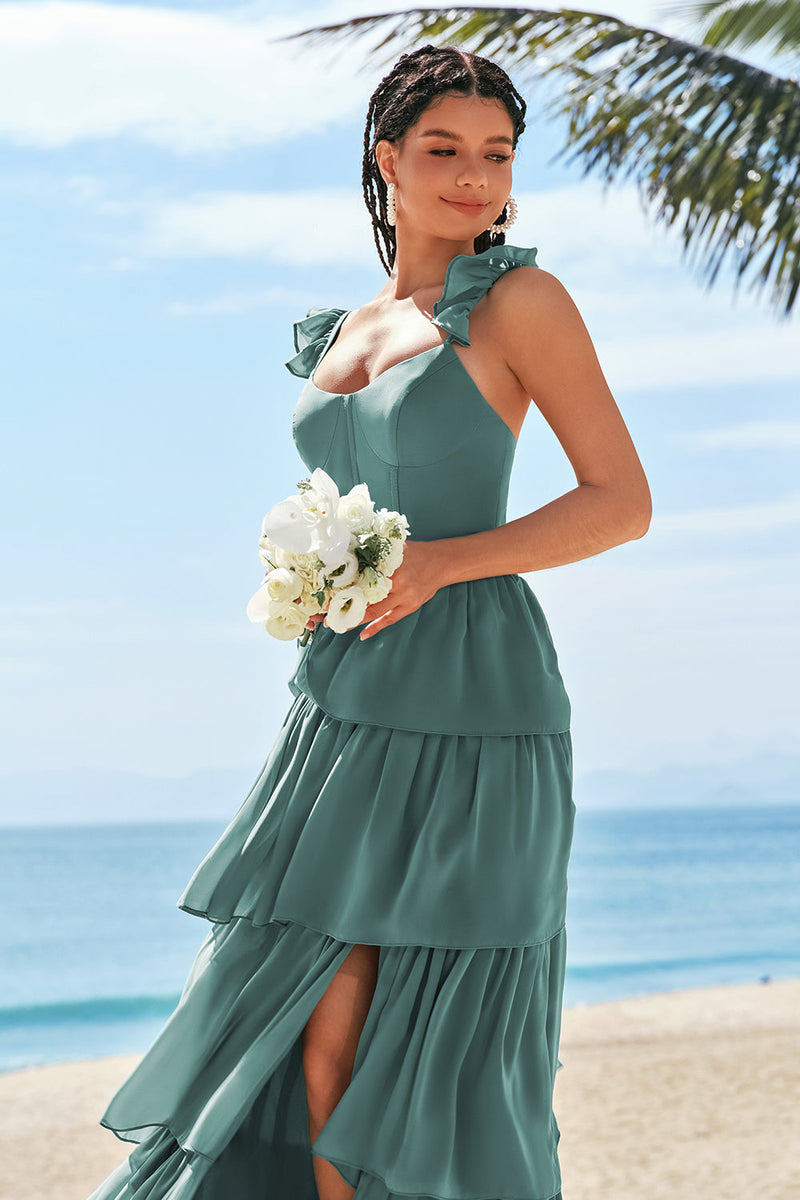 Load image into Gallery viewer, Eucalyptus A-Line Corset Tiered Long Bridesmaid Dress with Ruffle Slit