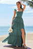 Load image into Gallery viewer, Eucalyptus A-Line Corset Tiered Long Bridesmaid Dress with Ruffle Slit