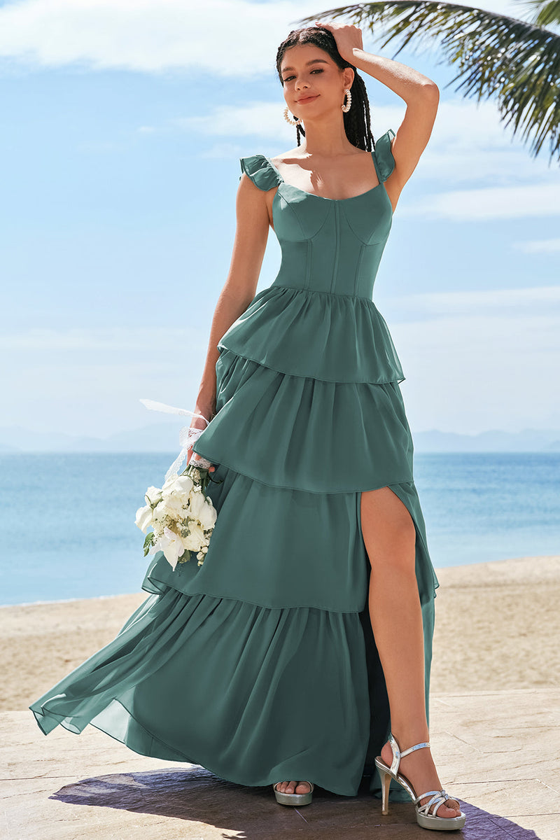 Load image into Gallery viewer, Eucalyptus A-Line Corset Tiered Long Bridesmaid Dress with Ruffle Slit