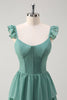 Load image into Gallery viewer, Eucalyptus A Line Corset Tiered Long Bridesmaid Dress with Slit