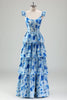 Load image into Gallery viewer, Blue Floral A Line Corset Tiered Long Bridesmaid Dress with Slit