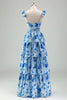 Load image into Gallery viewer, Blue Floral A Line Corset Tiered Long Bridesmaid Dress with Slit