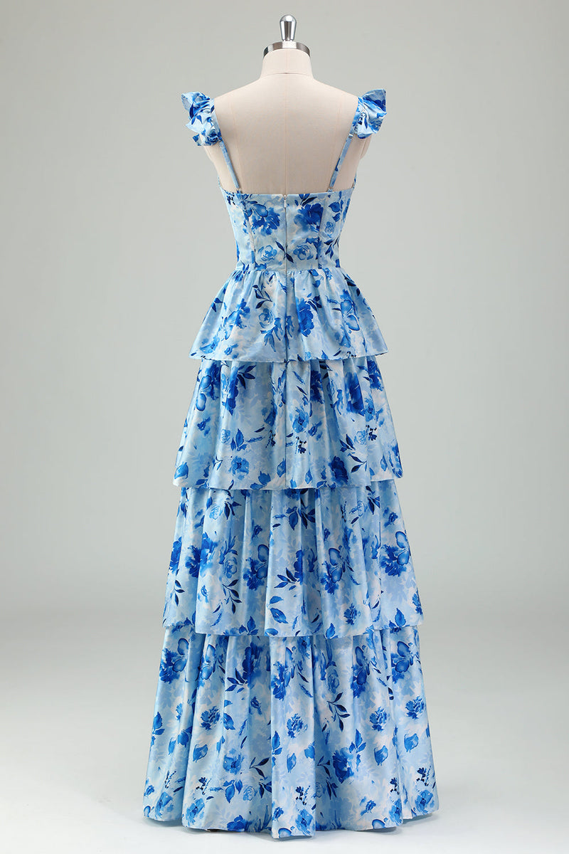 Load image into Gallery viewer, Blue Floral A Line Corset Tiered Long Bridesmaid Dress with Slit