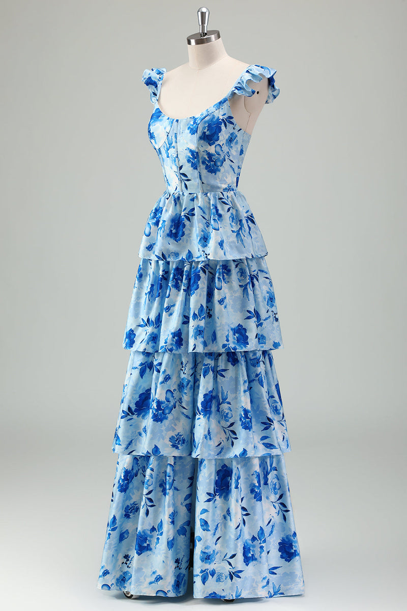 Load image into Gallery viewer, Blue Floral A Line Corset Tiered Long Bridesmaid Dress with Slit