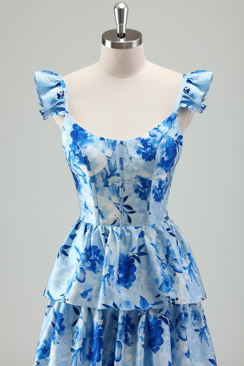 Load image into Gallery viewer, Blue Floral A Line Corset Tiered Long Bridesmaid Dress with Slit