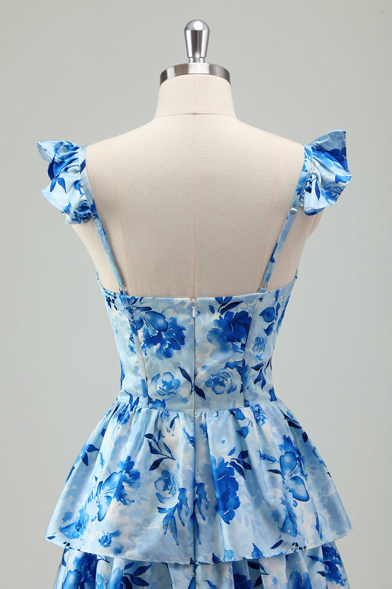 Load image into Gallery viewer, Blue Floral A Line Corset Tiered Long Bridesmaid Dress with Slit