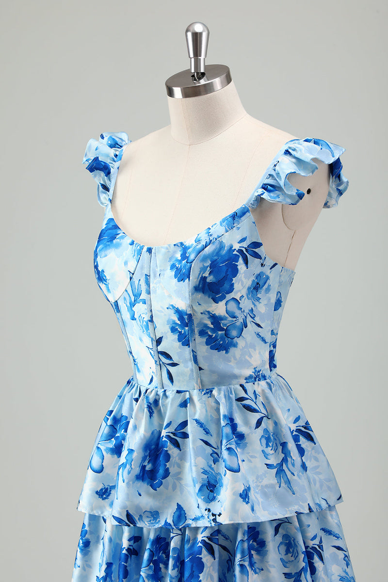 Load image into Gallery viewer, Blue Floral A Line Corset Tiered Long Bridesmaid Dress with Slit