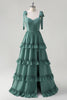 Load image into Gallery viewer, Eucalyptus A-Line Bow Tie Straps Corset Ruffles Chiffon Long Bridesmaid Dress with Slit