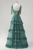 Load image into Gallery viewer, Eucalyptus A-Line Bow Tie Straps Corset Ruffles Chiffon Long Bridesmaid Dress with Slit