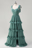 Load image into Gallery viewer, Eucalyptus A-Line Bow Tie Straps Corset Ruffles Chiffon Long Bridesmaid Dress with Slit