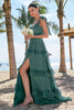 Load image into Gallery viewer, Eucalyptus A-Line Bow Tie Straps Corset Chiffon Long Bridesmaid Dress with Slit