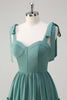 Load image into Gallery viewer, Eucalyptus A-Line Bow Tie Straps Corset Ruffles Chiffon Long Bridesmaid Dress with Slit