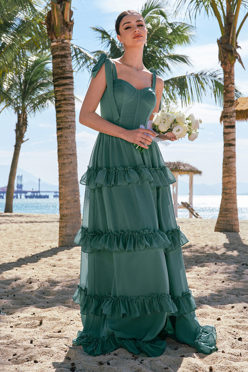 Load image into Gallery viewer, Eucalyptus A-Line Bow Tie Straps Corset Chiffon Long Bridesmaid Dress with Slit