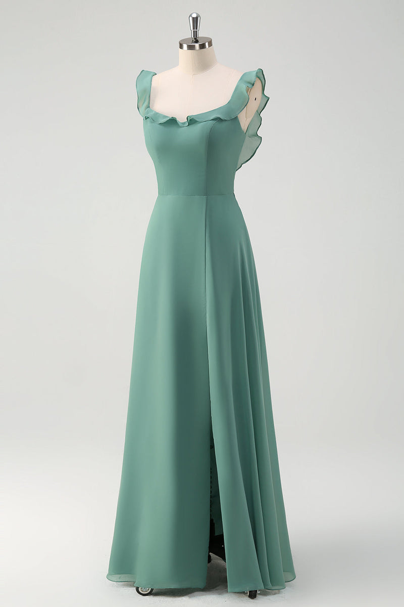 Load image into Gallery viewer, Eucalyptus Chiffon A Line Spaghetti Straps Long Bridesmaid Dress with Slit