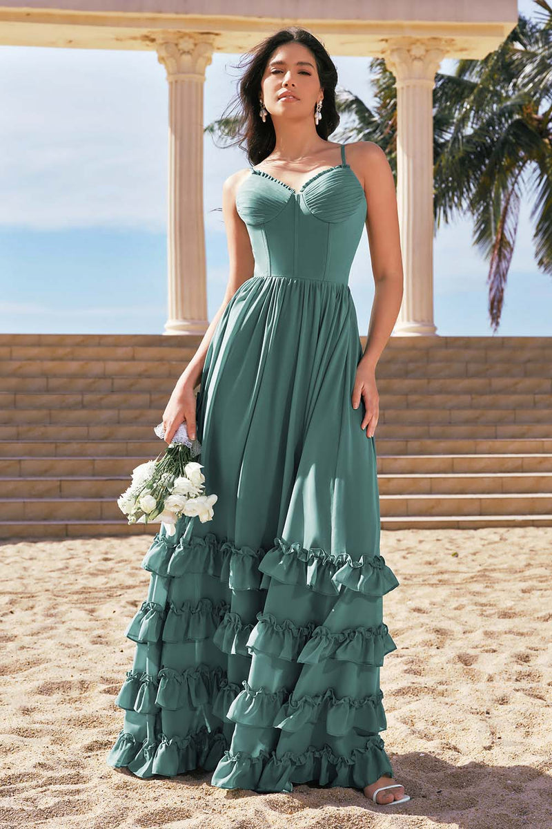 Load image into Gallery viewer, Eucalyptus A-Line Corset Ruched Chiffon Long Bridesmaid Dress with Slit