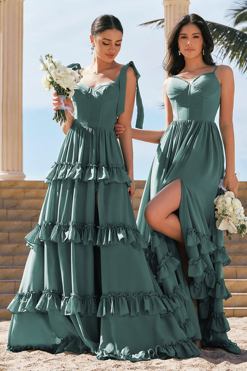 Load image into Gallery viewer, Eucalyptus A-Line Corset Ruched Chiffon Long Bridesmaid Dress with Slit