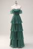 Load image into Gallery viewer, Eucalyptus A Line Off the Shoulder Tiered Pleated Long Bridesmaid Dress with Slit