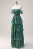 Load image into Gallery viewer, Eucalyptus A Line Off the Shoulder Tiered Pleated Long Bridesmaid Dress with Slit