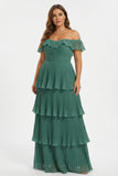 Eucalyptus Pleated Tiered Off the Shoulder A Line Long Plus Size Bridesmaid Dress