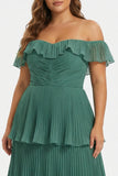 Eucalyptus Pleated Tiered Off the Shoulder A Line Long Plus Size Bridesmaid Dress