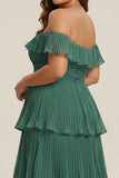 Eucalyptus Pleated Tiered Off the Shoulder A Line Long Plus Size Bridesmaid Dress