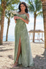 Load image into Gallery viewer, Dusty Sage Cold Shoulder A-Line Jacquard Long Bridesmaid Dress with Slit