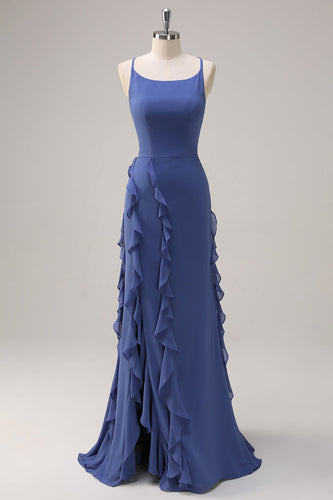 Dark Blue Bodycon Spaghetti Straps Long Bridesmaid Dress with Ruffles Slit