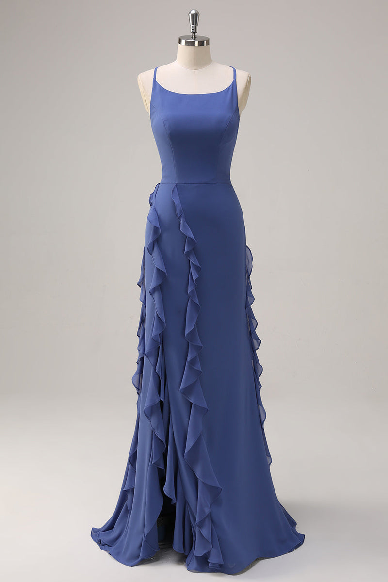 Load image into Gallery viewer, Dark Blue Bodycon Spaghetti Straps Long Bridesmaid Dress with Ruffles Slit