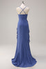 Load image into Gallery viewer, Dark Blue Bodycon Spaghetti Straps Long Bridesmaid Dress with Ruffles Slit