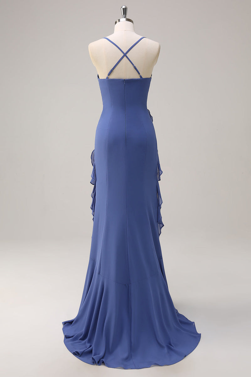 Load image into Gallery viewer, Dark Blue Bodycon Spaghetti Straps Long Bridesmaid Dress with Ruffles Slit