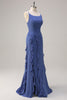 Load image into Gallery viewer, Dark Blue Bodycon Spaghetti Straps Long Bridesmaid Dress with Ruffles Slit