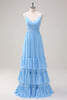 Load image into Gallery viewer, Blue A Line Spaghetti Straps V Neck Tiered Long Bridesmaid Dress