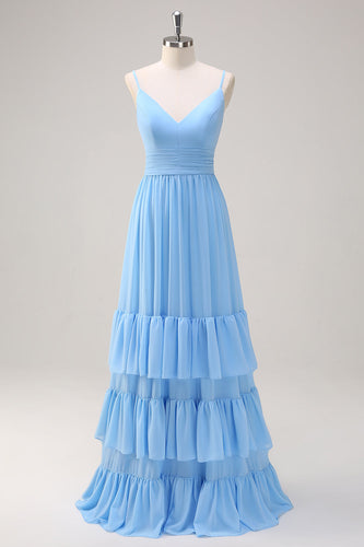 Blue A Line Spaghetti Straps V Neck Tiered Long Bridesmaid Dress