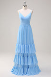 Blue A Line Spaghetti Straps V Neck Tiered Long Bridesmaid Dress
