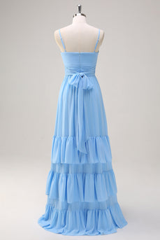 Blue A Line Spaghetti Straps V Neck Tiered Long Bridesmaid Dress