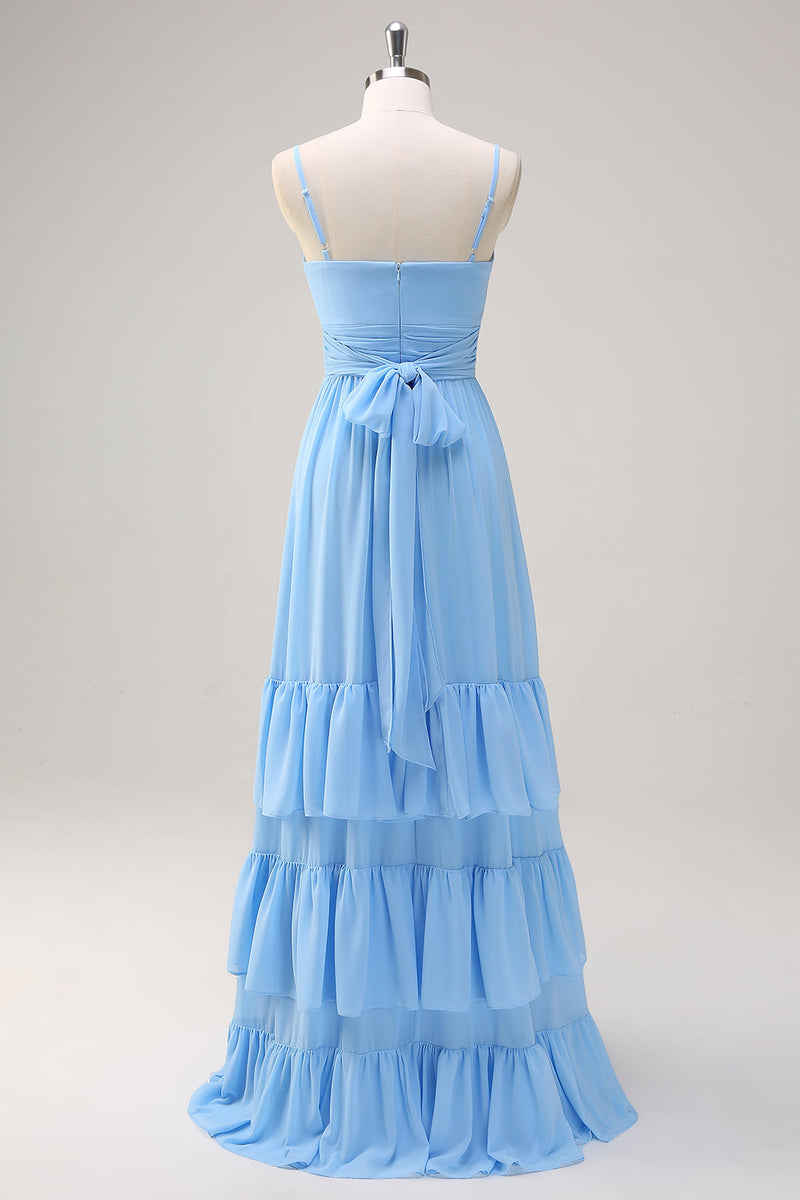 Load image into Gallery viewer, Blue A Line Spaghetti Straps V Neck Tiered Long Bridesmaid Dress