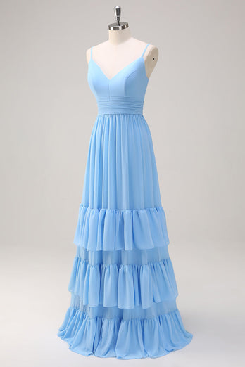 Blue A Line Spaghetti Straps V Neck Tiered Long Bridesmaid Dress