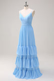 Blue A Line Spaghetti Straps V Neck Tiered Long Bridesmaid Dress