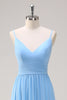 Load image into Gallery viewer, Blue A Line Spaghetti Straps V Neck Tiered Long Bridesmaid Dress