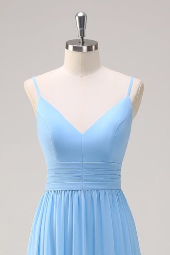 Blue A Line Spaghetti Straps V Neck Tiered Long Bridesmaid Dress