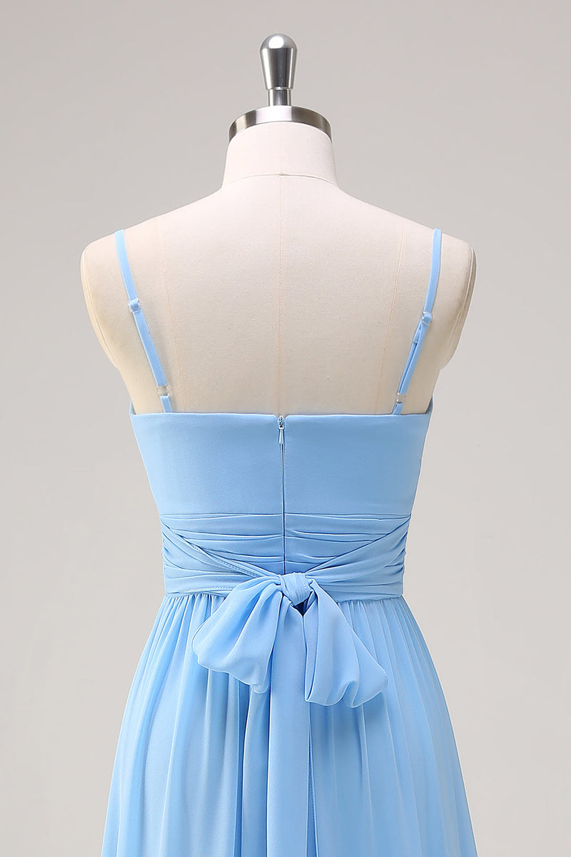 Load image into Gallery viewer, Blue A Line Spaghetti Straps V Neck Tiered Long Bridesmaid Dress