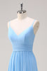 Load image into Gallery viewer, Blue A Line Spaghetti Straps V Neck Tiered Long Bridesmaid Dress