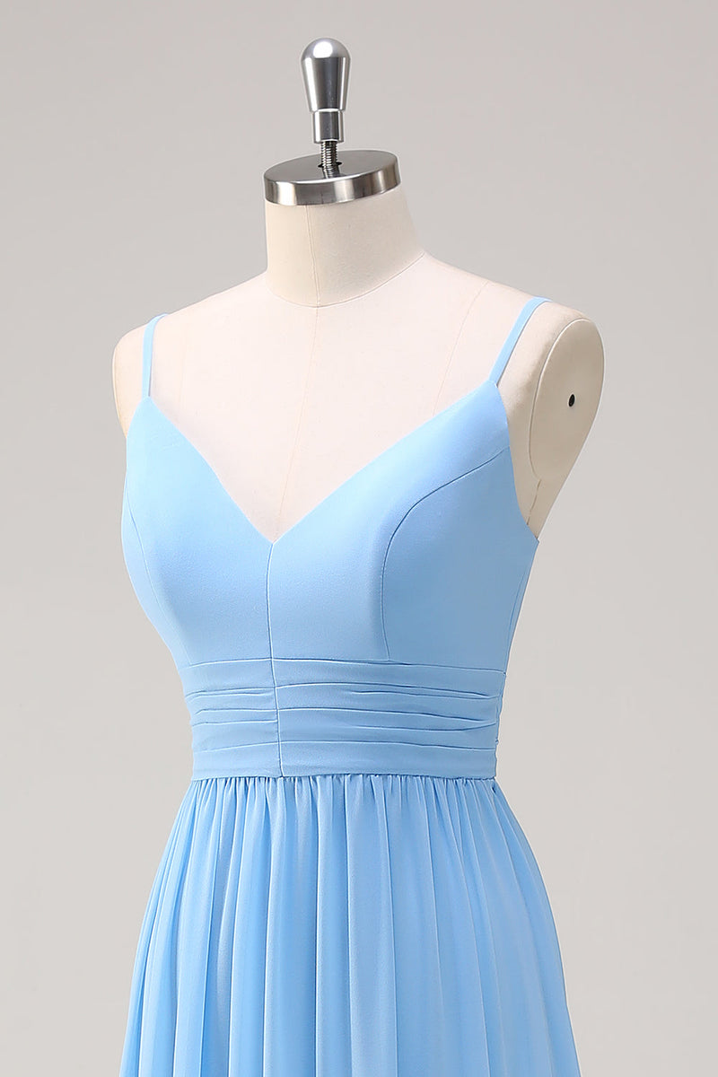 Load image into Gallery viewer, Blue A Line Spaghetti Straps V Neck Tiered Long Bridesmaid Dress