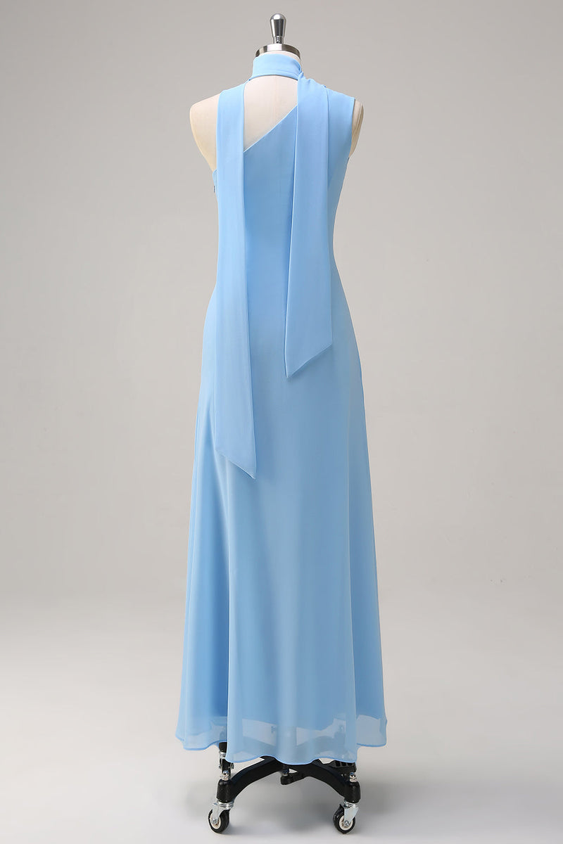 Load image into Gallery viewer, Chiffon Blue Mermaid One Shoulder Long Bridesmaid Dress with Streamer