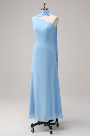 Chiffon Blue Mermaid One Shoulder Long Bridesmaid Dress with Streamer