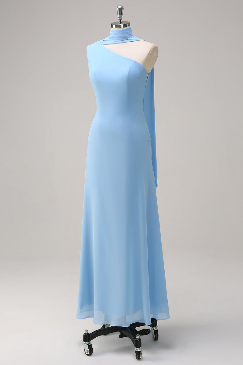 Load image into Gallery viewer, Chiffon Blue Mermaid One Shoulder Long Bridesmaid Dress with Streamer