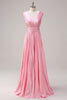 Load image into Gallery viewer, Pink A Line V Neck Chiffon Open Back Pleated Long Bridesmaid Dress